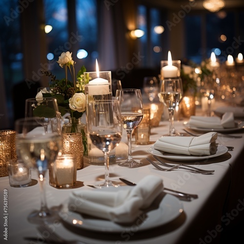 Elegant wedding table setting with candles and flowers #756391589