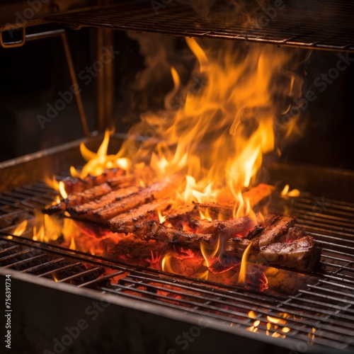 Delicious and juicy grilled pork belly on a flaming hot grill