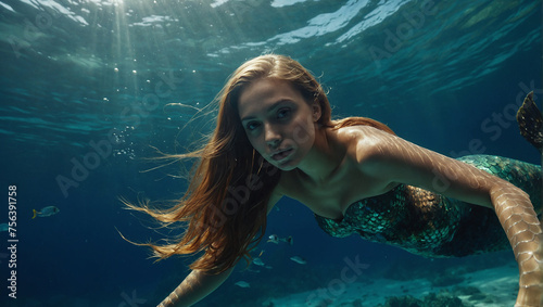 A woman with long blond hair is swimming underwater. She is wearing a green scaly bra.