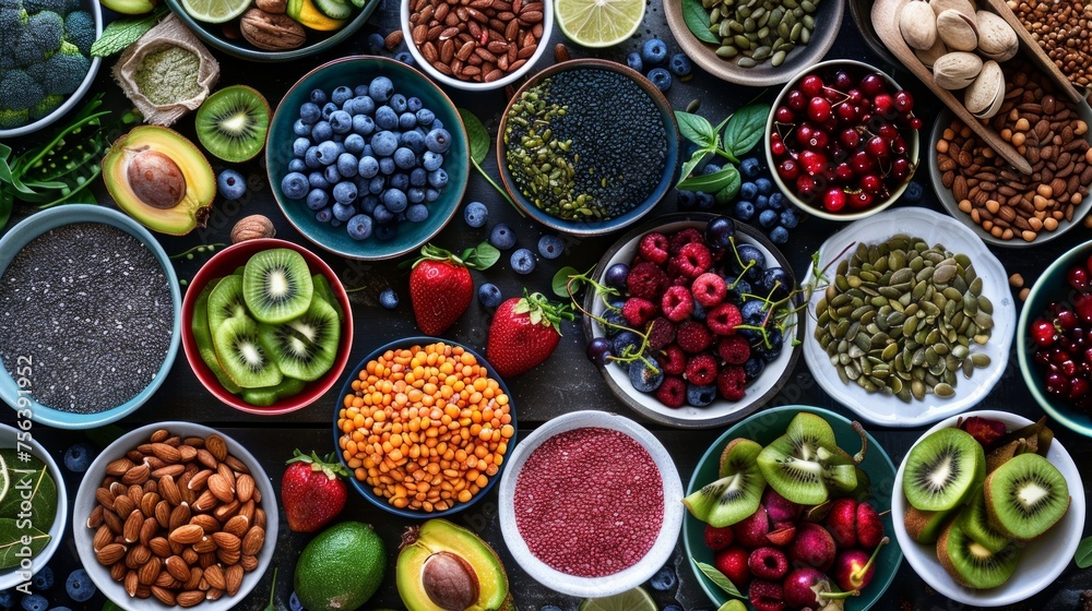 A curated selection of healthy foods, featuring a colorful array of superfoods, fruits, berries, nuts, and seeds, promoting a nutritious lifestyle.