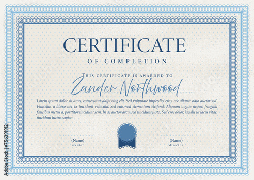 Certificate or diploma in vintage style and blue colors. Frame borders design. Vector illustration