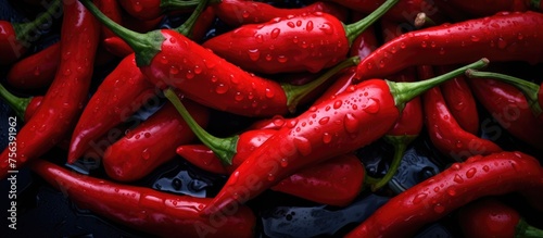 A pile of Birds eye chili, Chile de rbol, and Malagueta peppers with green stems on a black surface, popular ingredients in staple foods and natural foods photo
