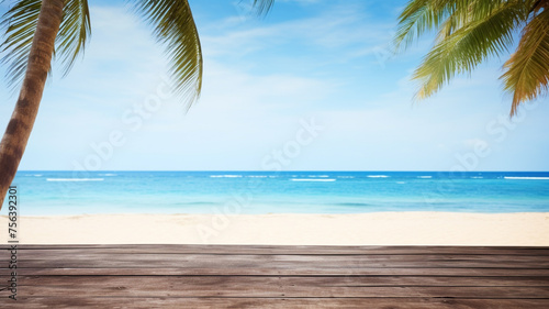Wood table top on blur beach background used for display or montage your products  travel and relax activity concept