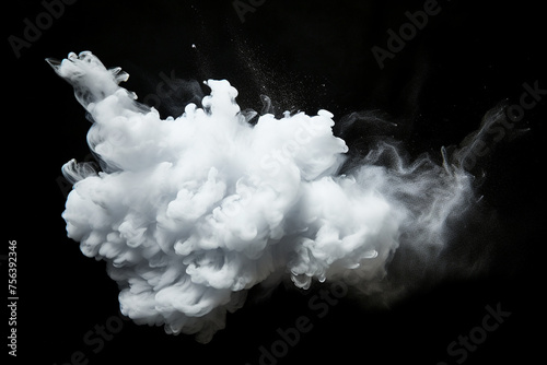 Abstract white smoke or powder in motion. Smoke, Cloud of cold fog in black background. Light, white, fog, cloud, black background
