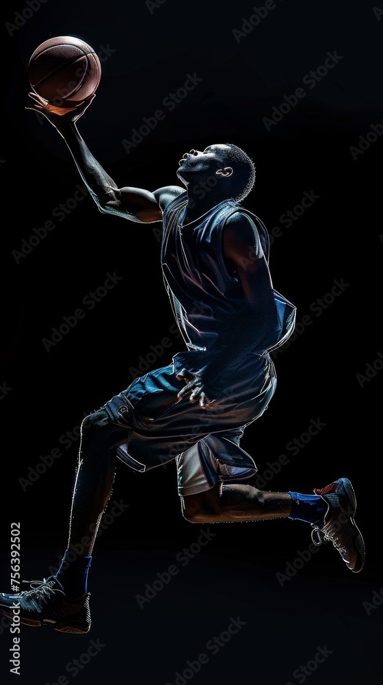 A dynamic action shot of a young professional basketball player isolated on a black background, capturing the energy and motion of the sport from a low angle. A dynamic action shot of a young professional basketball player isolated on a black background, capturing the energy and motion of the sport from a low angle.