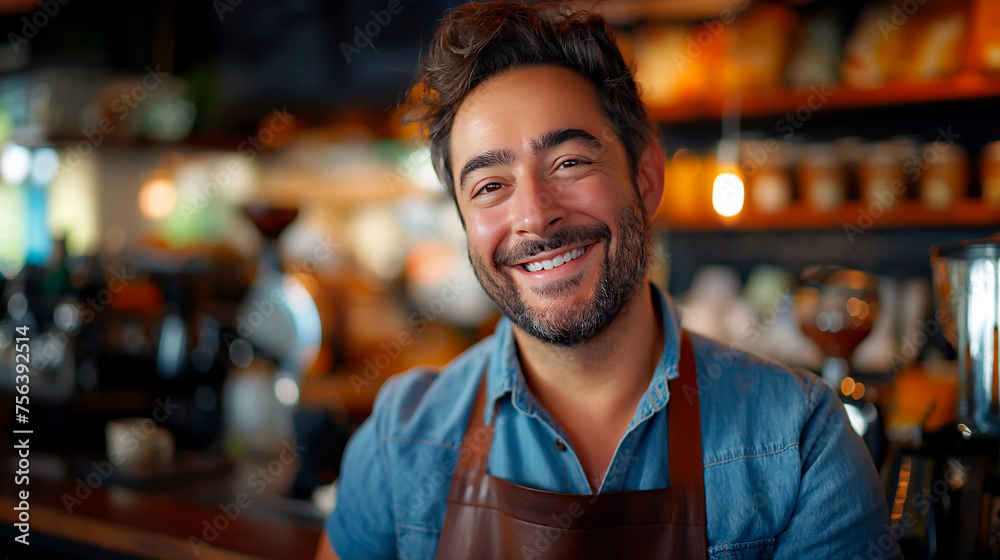 Smiling Cafe Manager in Cozy Coffee Shop Atmosphere Smiling Cafe Manager in Cozy Coffee Shop Atmosphere