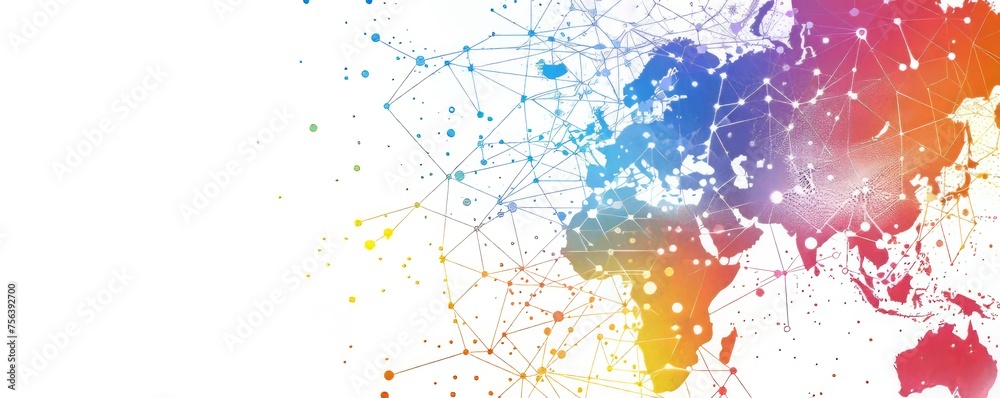 A dynamic white global communication banner highlighted by a colorful network, symbolizing worldwide connectivity and the digital age.