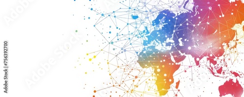 A dynamic white global communication banner highlighted by a colorful network, symbolizing worldwide connectivity and the digital age.