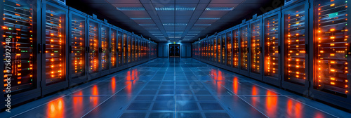 Server Room in Building,
A large hallway is full of server racks