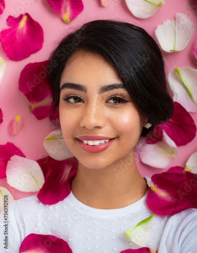 Close up portrait of young woman covered in flower petals on pink background