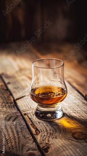 A glass of Scotch whiskey poised on an aged wooden table, evoking a sense of tradition and warmth.
