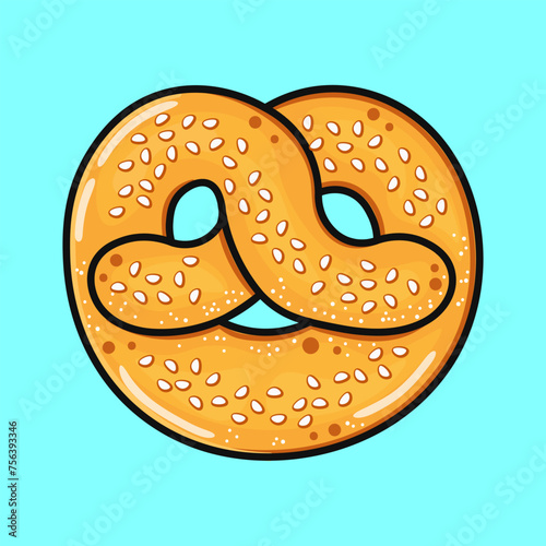 Cute funny French pretzel. Vector hand drawn cartoon kawaii character illustration icon. Isolated on blue background. French pretzel character concept © Yevhen