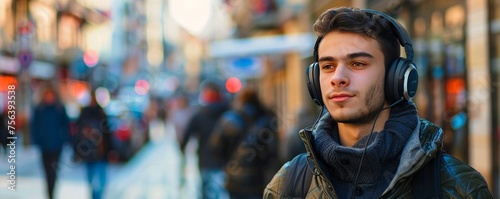 A handsome young man listening to music with headphones on an urban city street, exuding a relaxed vibe. © vadymstock