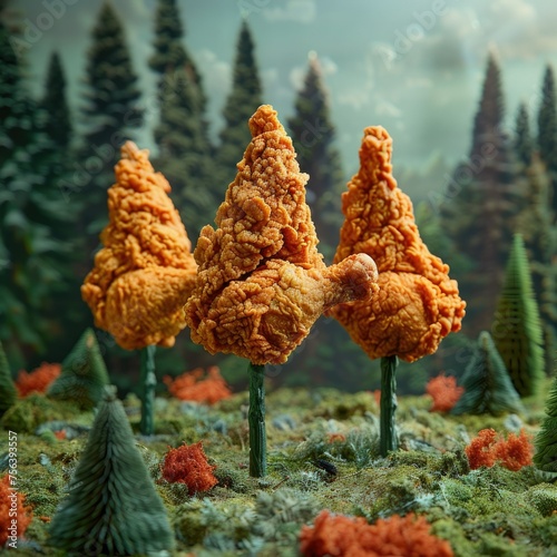 Fried chicken drumsticks as forest trees bright photo