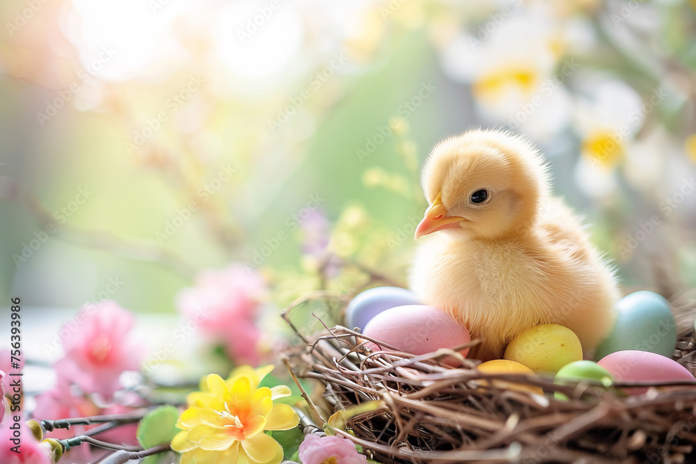 Chick with easter eggs in spring Chick with easter eggs in spring