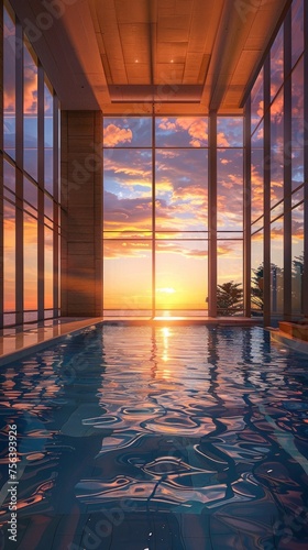 An opulent indoor swimming pool is illuminated by the soft light of the setting sun, visible through large surrounding windows.