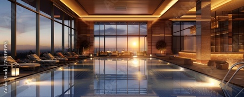 An opulent indoor swimming pool is illuminated by the soft light of the setting sun  visible through large surrounding windows.
