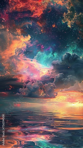 A captivating science fiction vista that showcases the cosmos's breathtaking beauty, marked by vivid colors and patterns echoing the essence of ocean waves, nebulae, and celestial entities.