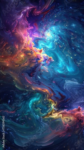 A captivating science fiction vista that showcases the cosmos's breathtaking beauty, marked by vivid colors and patterns echoing the essence of ocean waves, nebulae, and celestial entities.