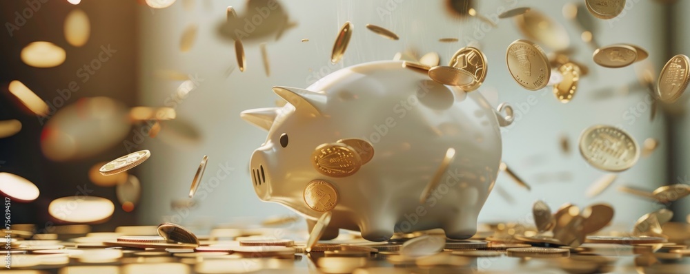 A symbolic representation of saving money, featuring coins flowing into a white piggy bank, exemplifies the idea of wealth accumulation. - obrazy, fototapety, plakaty 