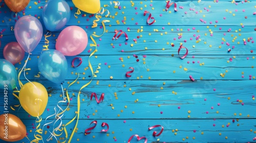 Colorful balloons and streamers on the blue wooden background. Festive banner for party celebration