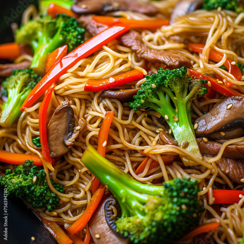Close-up of Stir-fried Noodles with Mixed Vegetables in a Bowl