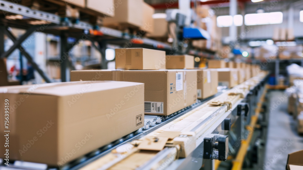 Naklejka premium Conveyor belt in a warehouse with a series of parcels ready for logistical processing.