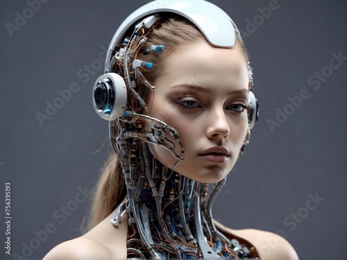 Futuristic female android head closeup. An artistic representation of a female android, showcasing advanced robotics and cybernetic technology. Created with generative A.I. technology
