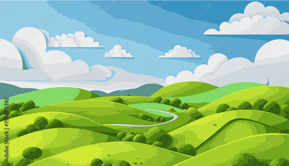 Vibrant Green Hills Winding Under a Majestic Blue Sky Vibrant Green Hills Winding Under a Majestic Blue Sky