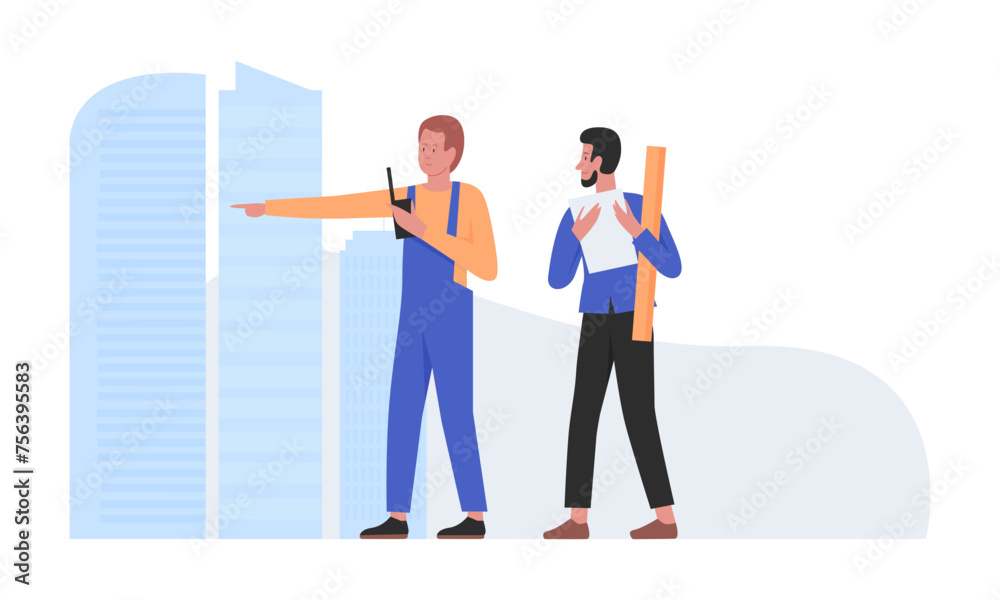 Architect worker with builder. Construction project plan, building team flat vector illustration