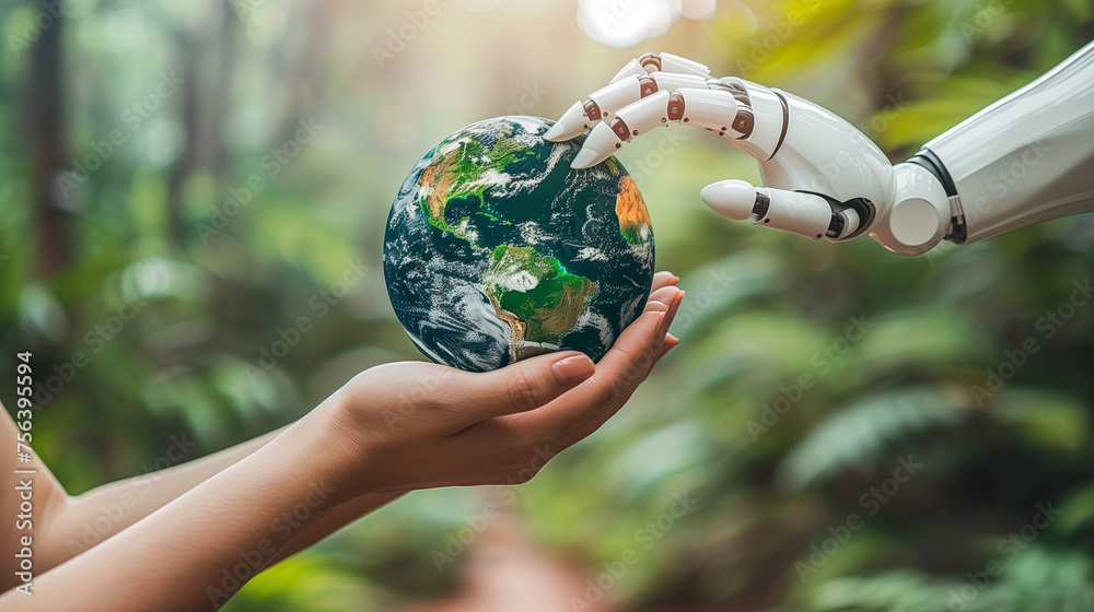 a human hand and a robot hand touch the globe - obrazy, fototapety, plakaty 