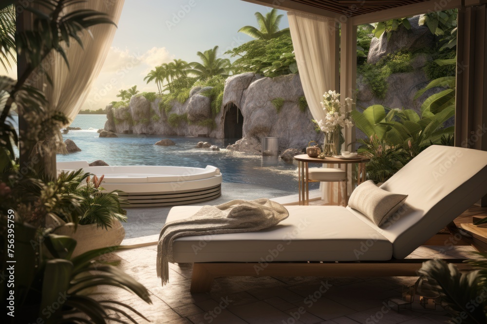 Fototapeta premium Luxury resort with swimming pool and palm trees. Concept of spa and vacation in the tropics, ecotourism