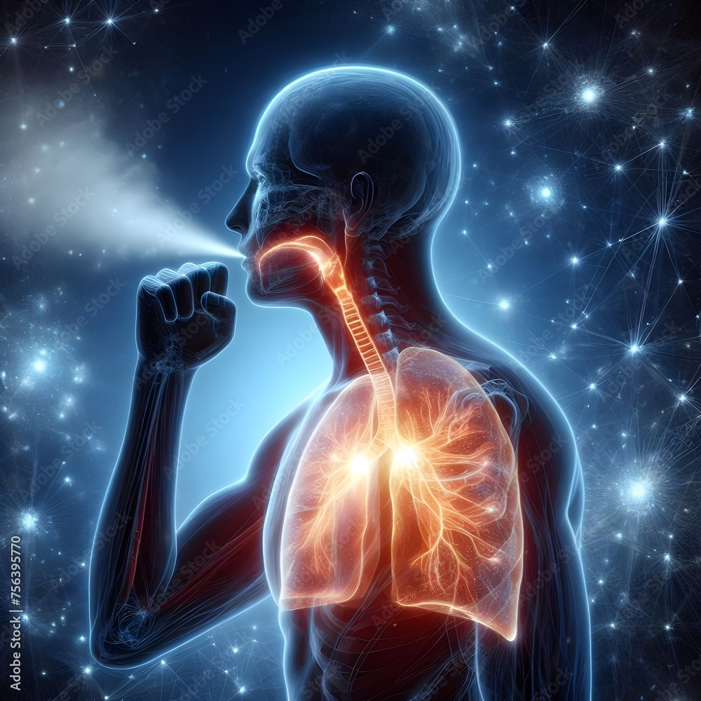 Human silhouette having lung breathing discomfort, lung and airway glowing red, medical healthcare concept
 - obrazy, fototapety, plakaty 