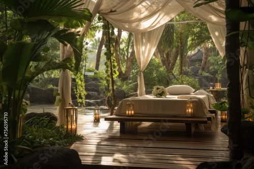 Luxury hotel room interior with a beautiful tropical garden view. Concept of spa and vacation in the tropics, ecotourism photo
