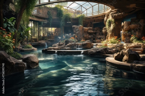 Luxury swimming pool in a tropical garden. Concept of spa and vacation in the tropics, ecotourism
