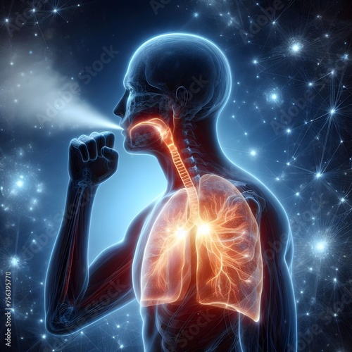 Human silhouette having lung breathing discomfort, lung and airway glowing red, medical healthcare concept
 photo