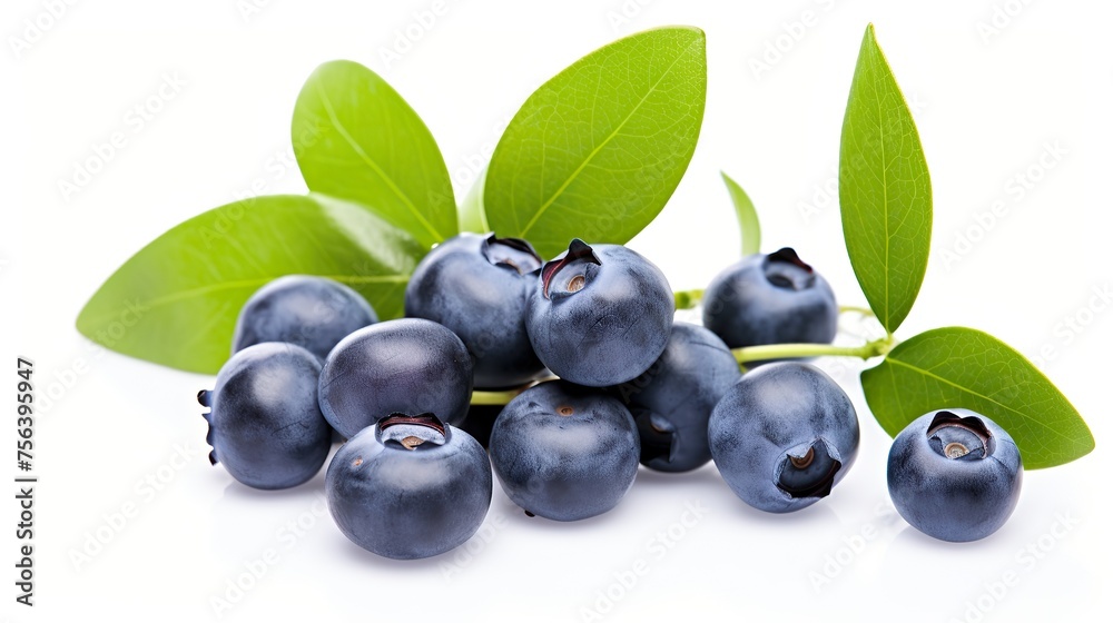 Close-up of ripe blueberry branches with leaves isolated on white background, top view, lots of background. Close-up of ripe blueberry branches with leaves isolated on white background, top view, lots of background.