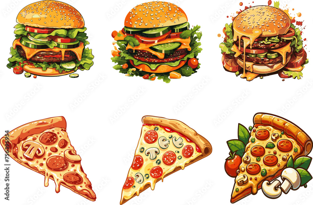 Delicious Pizza Slices and Gourmet Burgers for Food Enthusiasts Delicious Pizza Slices and Gourmet Burgers for Food Enthusiasts