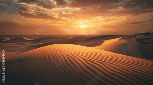 Sunset over sand dunes in the desert, with amazing cloudscape