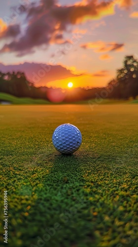 A golf ball is sitting on a green grass golf field with a sunset in the background