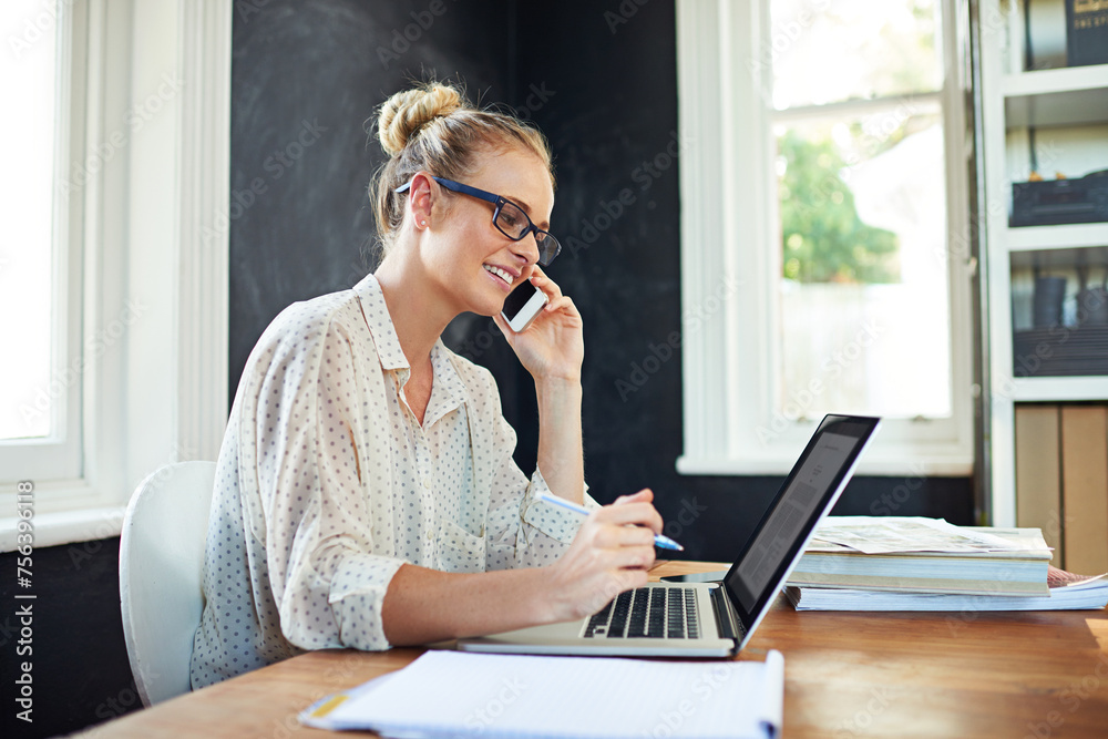Woman, computer and happy in home office with phone call for business networking, remote communication and multitasking. Female person, smartphone and technology for conversation, online and research Woman, computer and happy in home office with phone call for business networking, remote communication and multitasking. Female person, smartphone and technology for conversation, online and research