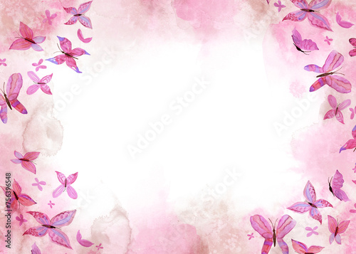Pink background with butterflies. PNG transparent frame