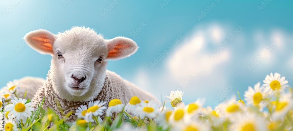 Charming young lamb in daisy field on a sunny day serene farm animal scene with space for text Charming young lamb in daisy field on a sunny day serene farm animal scene with space for text