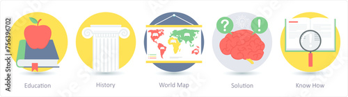 A set of 5 Education icons as education, history, world map