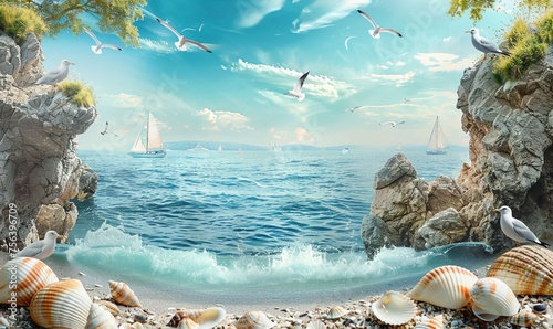 Seagulls, Sailboats, and Shells by the Sea photo