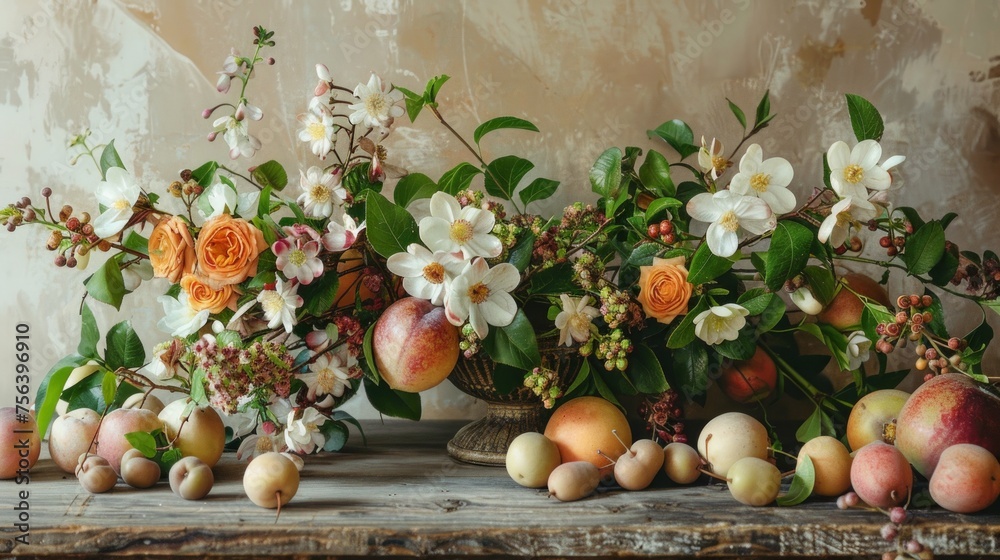 A springtime tableau featuring blossoming fruit flowers arranged atop a rustic wooden table, heralding the renewal of nature. - obrazy, fototapety, plakaty 