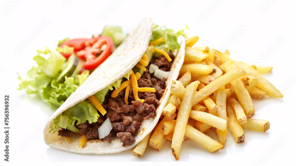 an artisan jucy fast food taco with sauce, surrounded by golden and french fries on a white background an artisan jucy fast food taco with sauce, surrounded by golden and french fries on a white background