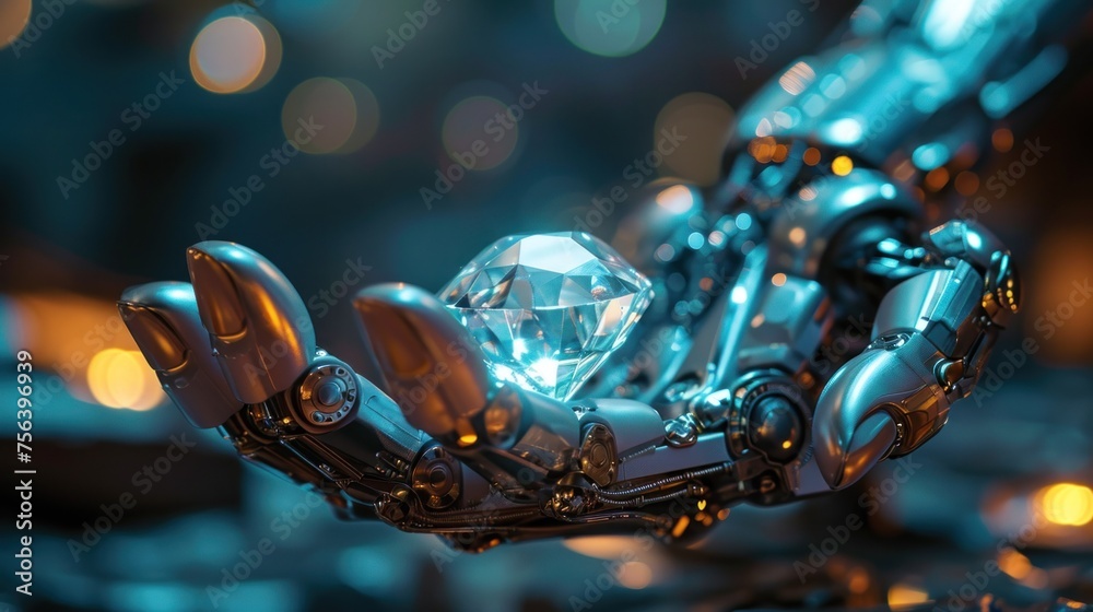 close up robot hands holding beautiful diamond, banner, poster
