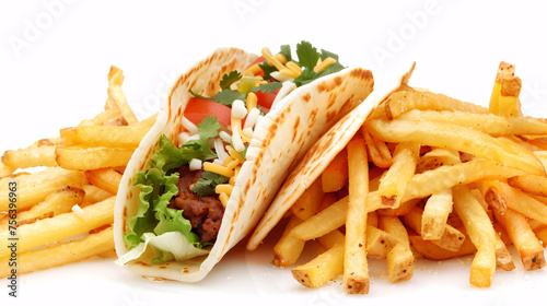 an artisan jucy fast food with sauce, surrounded by golden and french fries on a white background photo