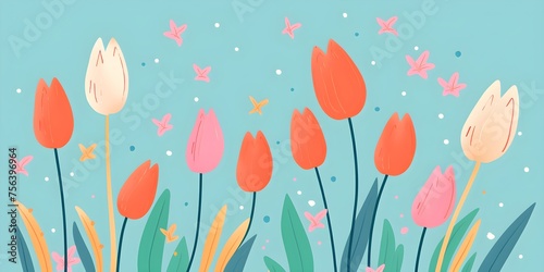 Tulips flowers frame backdrop with light pastel copy space background for card, banner, greeting, promo, web decoration